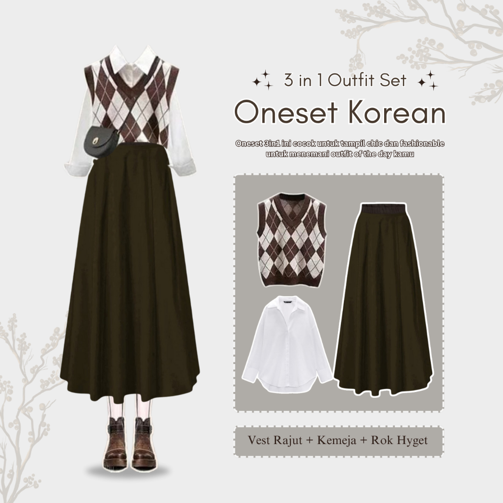 Yearbook Outfit Vintage ( Vest Rajut, Kemeja, Rok Hyget ) Baju sama rok 1 set korean style - AS92