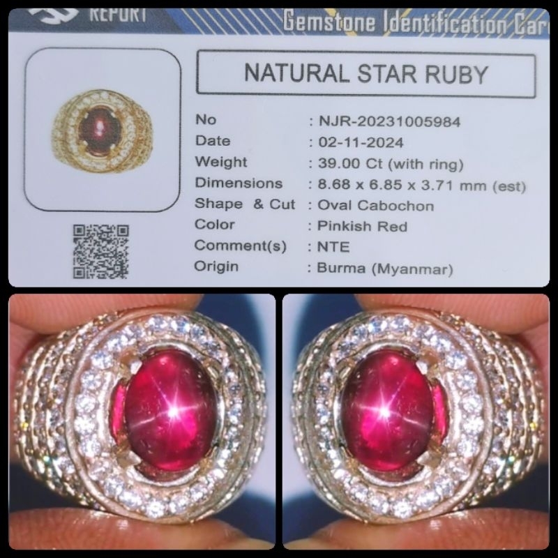 RUBY STAR BURMA PIEGEON BLOD HQ + RING PERAK
