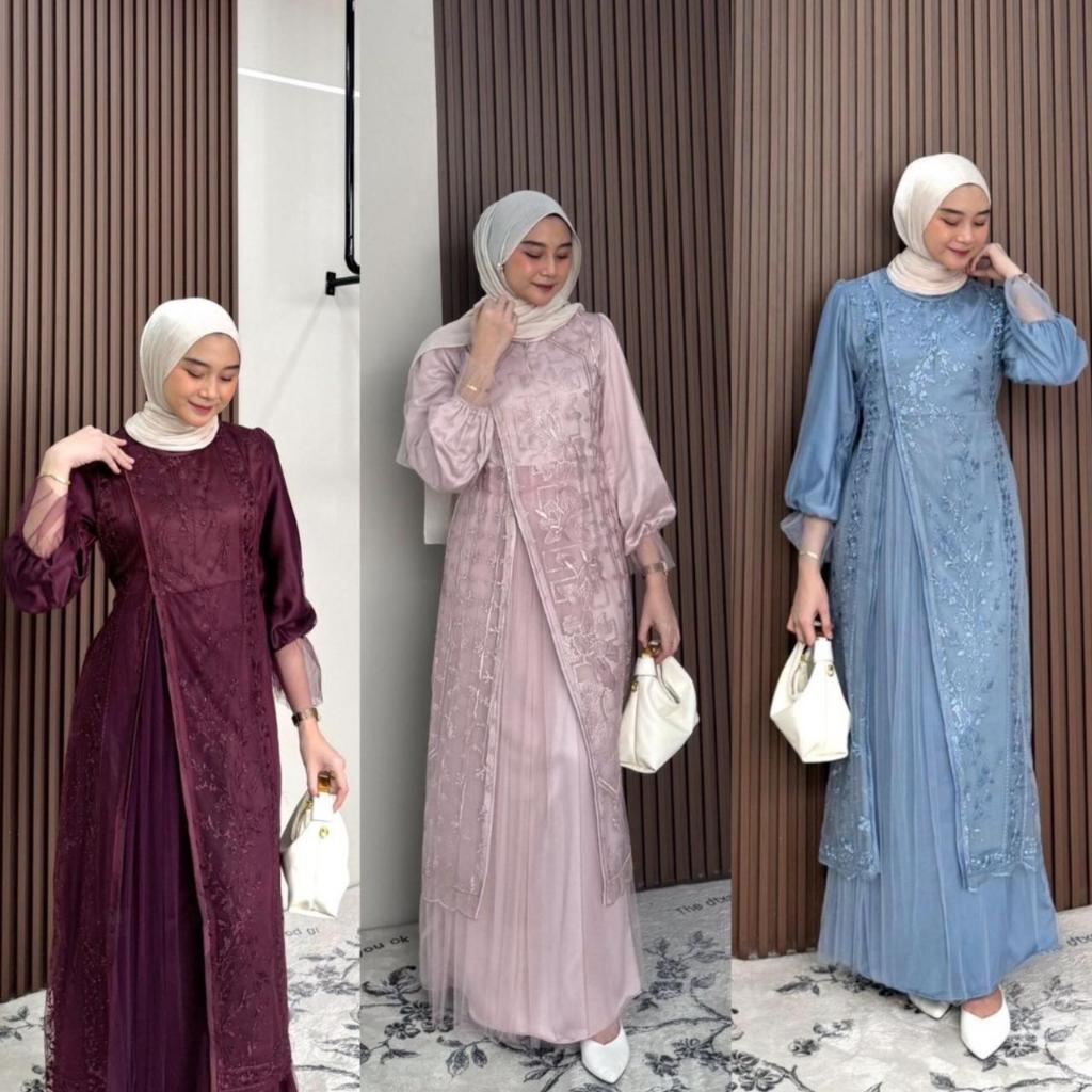 Kinar Silk Dress Tille Brukat Motif Premium Gamis Peta Kondangan Bridesmaid Busui