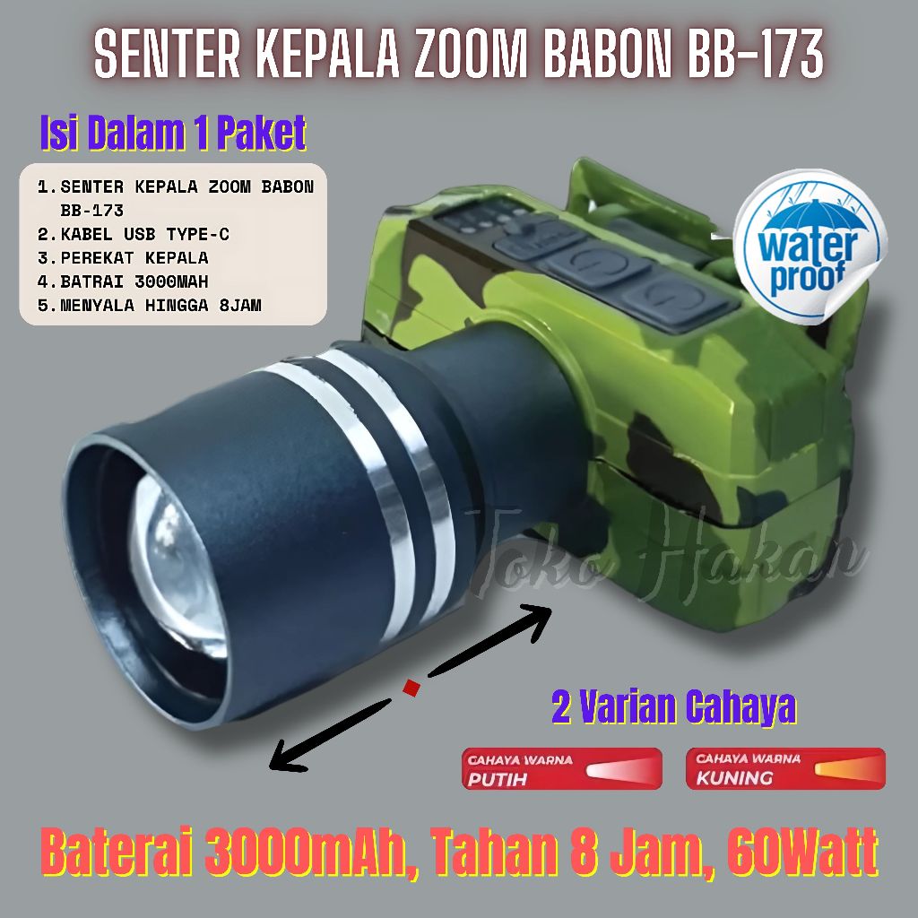 Senter Kepala Super Terang Babon BB-173 Zoom / Senter Led Zoom / Senter Kepala Super Terang / HeadLa