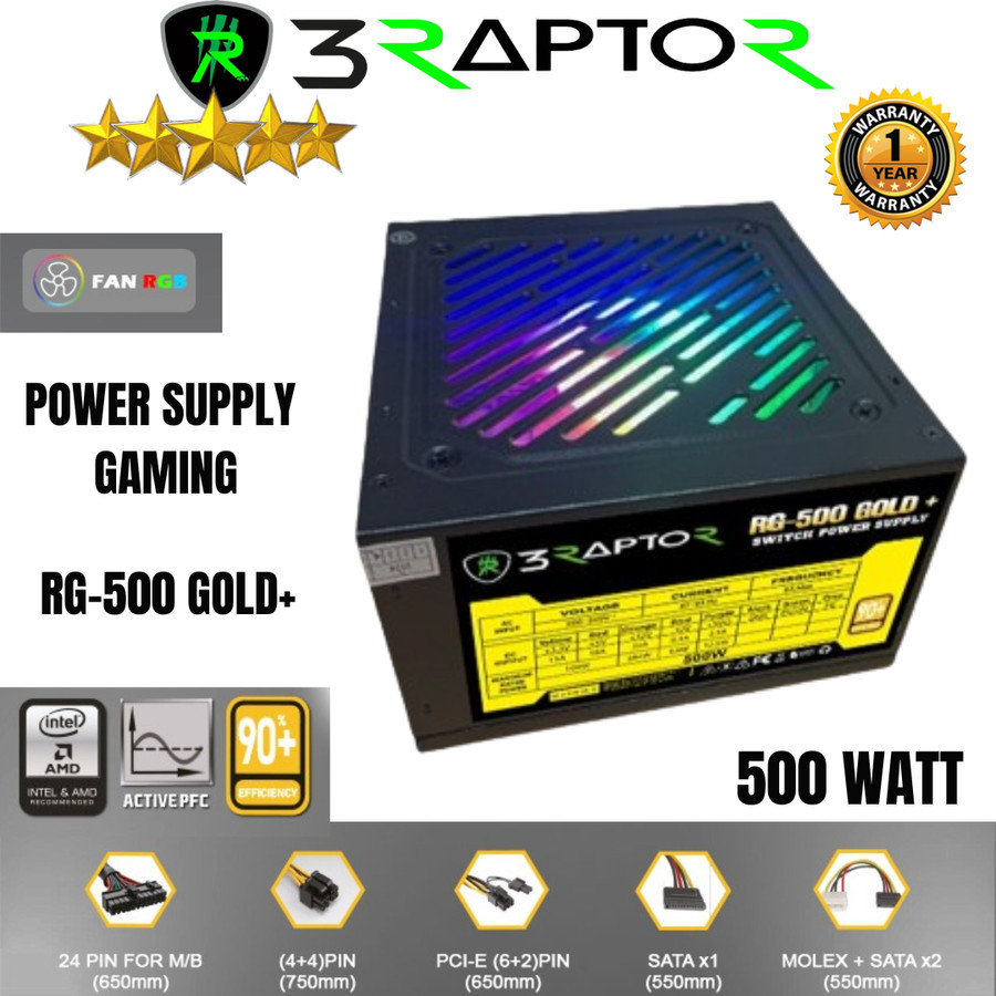 POWER SUPPLY POWER UP PSU GAMING 3 RAPTOR RG-500 GOLD+ 500 WATT FAN RGB