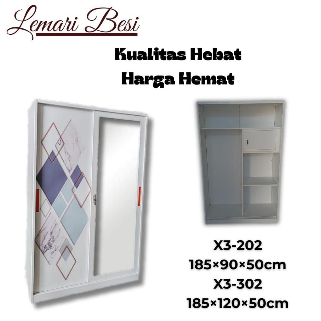 Lemari Baju Sliding Besi X3 302- Lemari Baju Sliding - Almari Baju sliding - Lemari Baju 2 Pintu - L