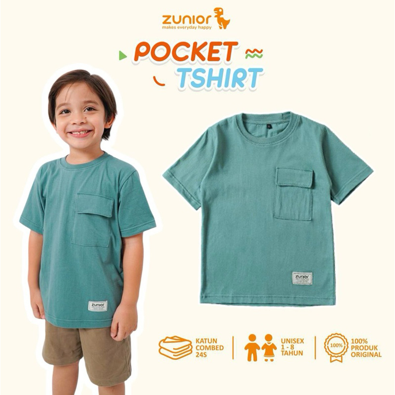 Kaos Anak Saku Pocket Baju Anak Laki-laki Zunior Hijau Sage 1-9 Tahun