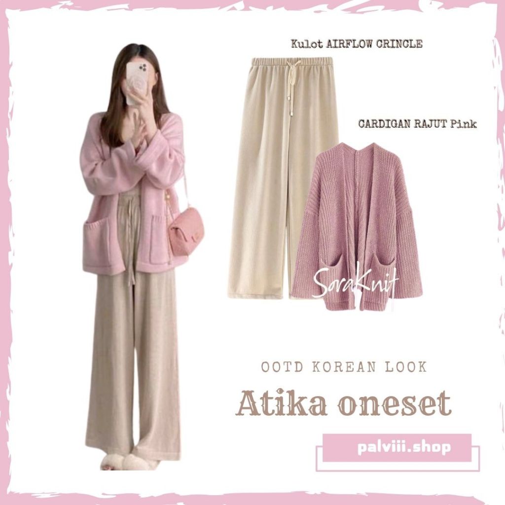 ✅ Setelan Korea Oneset Atika Cardigan Rajut /Celana Kulot Crinkle Cream /Set Staylist Ootd Casual