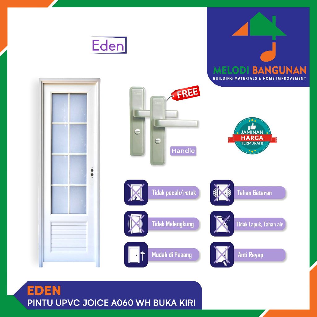 Eden - Pintu Kamar Mandi Wc Upvc Joice A060 WH Buka Kiri White