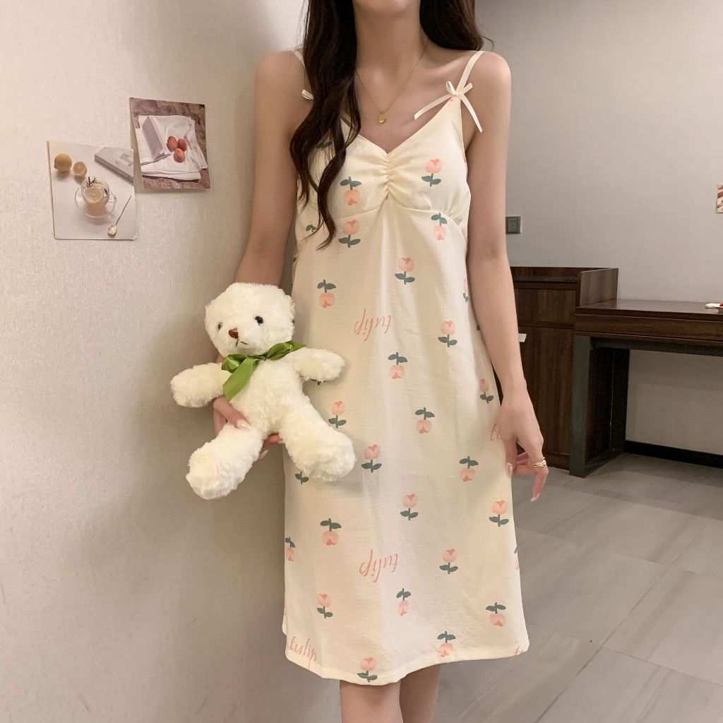 hu7 Yijae Dress Daster Tidur Aesthetic dengan Cup Bra Piyama Korea Wanita Import Tanpa Lengan