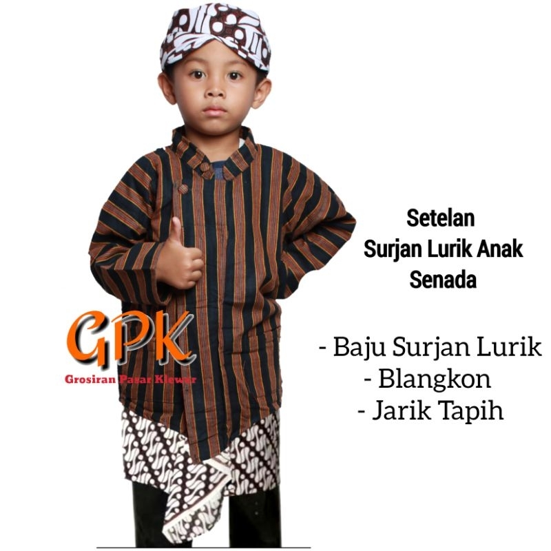 Setelan Baju Surjan Lurik Anak + Jarik Tapih Sembongan + Blangkon
