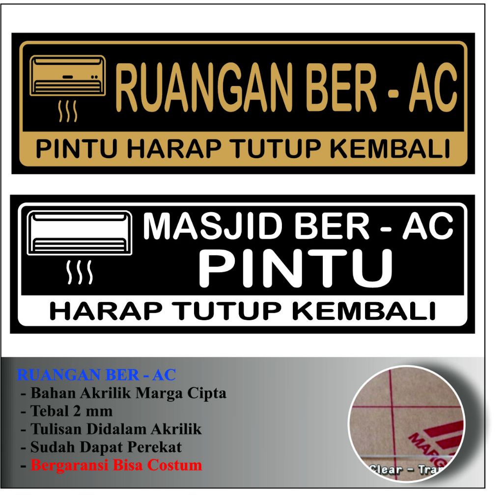AKRILIK SIGN RUANGAN BER AC PINTU HARAP TUTUP KEMBALI MASJID BER AC ACRYLIC