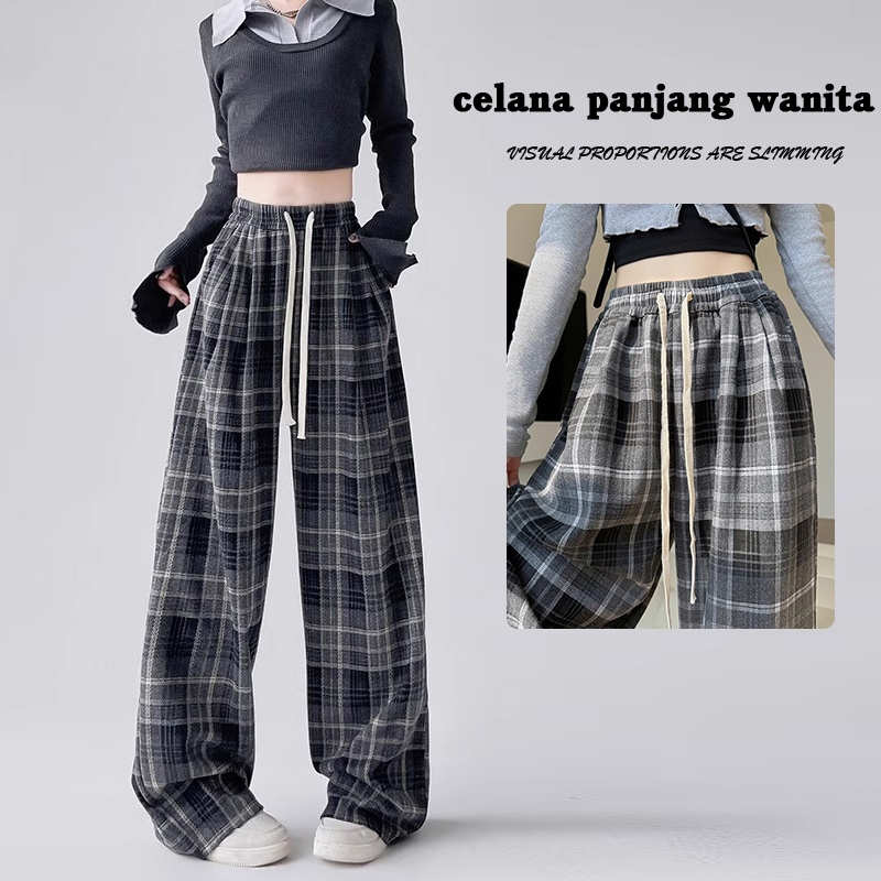 |kekinian.factory| celana panjang wanita baggy casual kulot celana kotak-kotak korean style celana c
