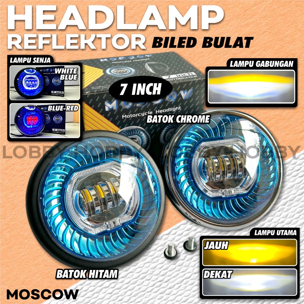 HEADLAMP REFLECTOR BILED BULAT 7 INCH 4 LENSA ANGEL EYE JAUH DEKAT SENJA DEVIL 60 WATT LAMPU TEMBAK 