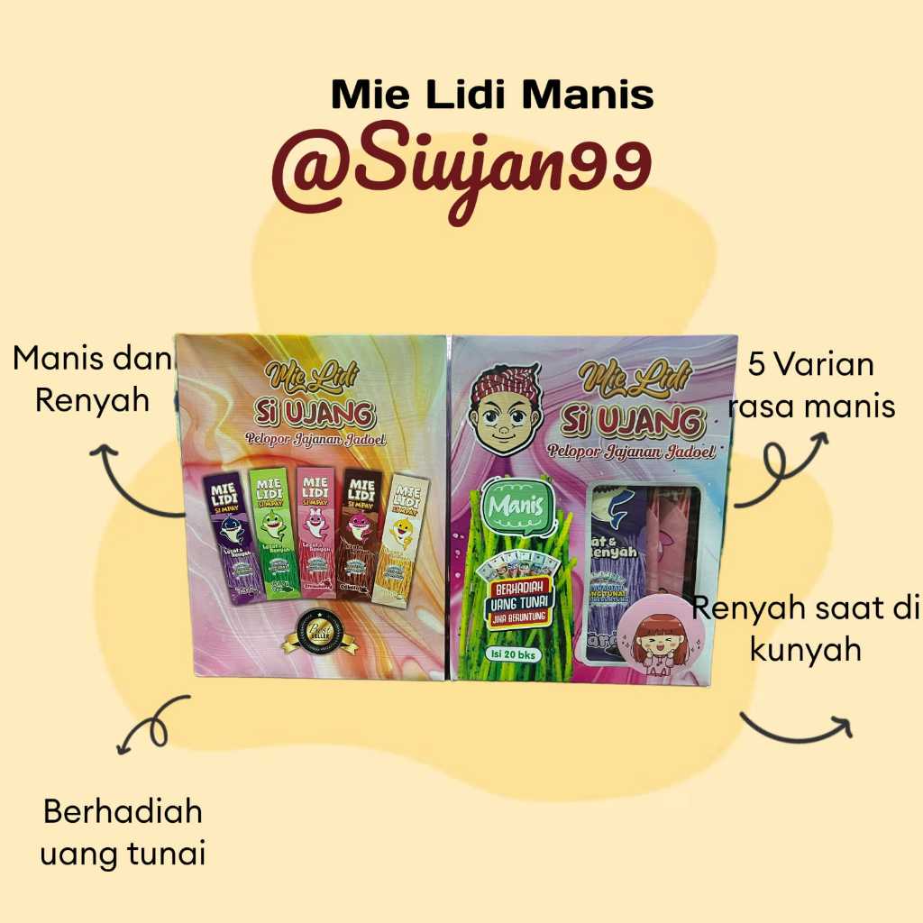 

Mie lidi siujang manis-varian rasa manis 1 box isi 20 pcs