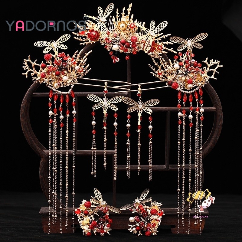 YADORNOS Tiara pengantin wanita menunjukkan pakaian Wo Toast pakaian kepala Tassel Phoenix Crown Acc