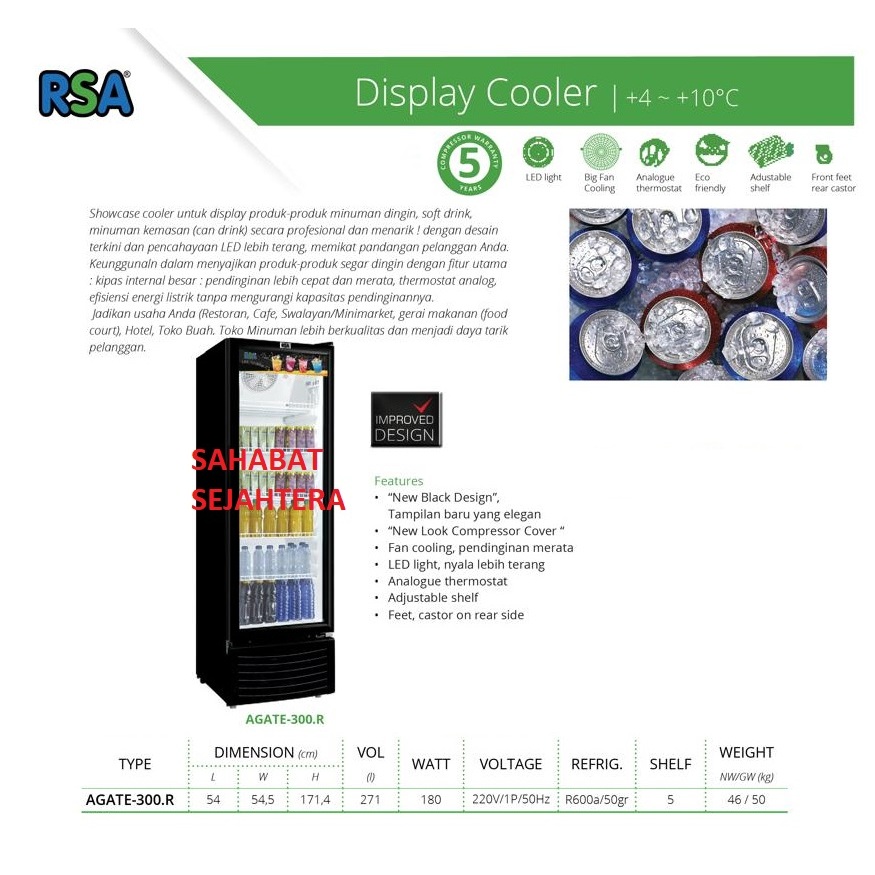 RSA Showcase 1 Pintu AGATE-300.R Kulkas 1 Pintu 5 Rak Pendingin Minuman