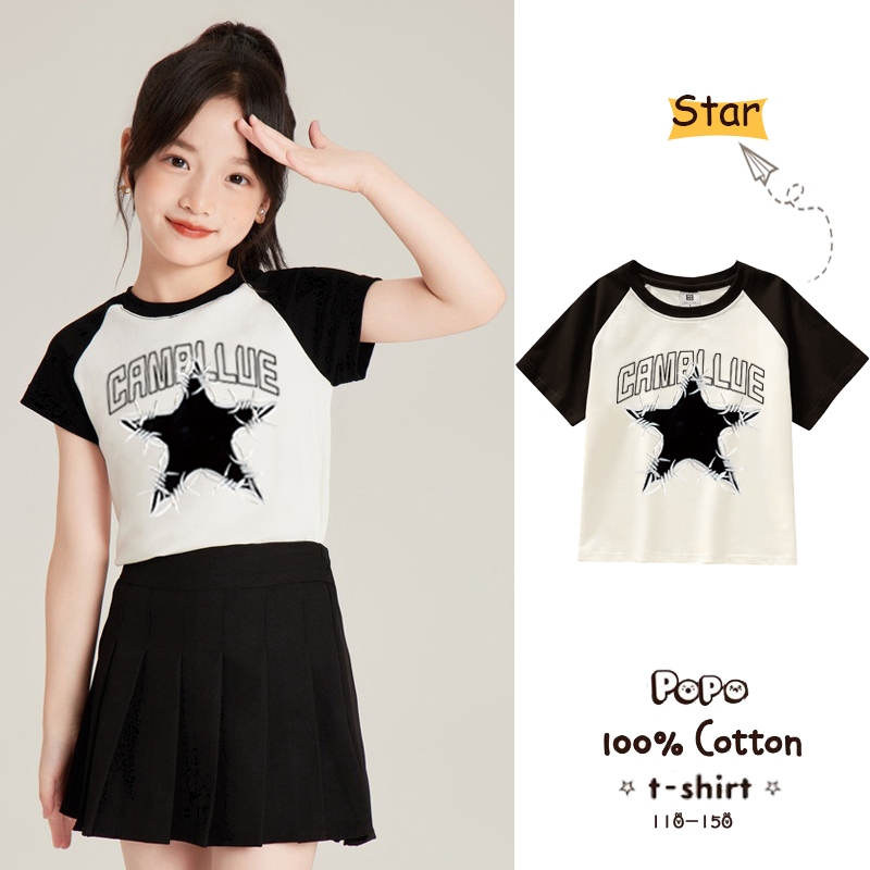 Popo Terbaru Kaos Crop Anak Perempuan Slimfit Raglan Sleeves T-Shirt Cetakan Pola Bintang Star | Baj