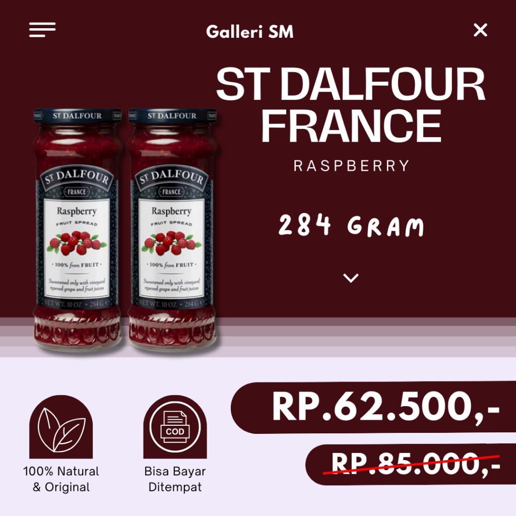 

Selai St Dalfour Rasa Raspberry 284 Gr Fruit Spread St. Dalfour Selai Buah Asli Original 100%