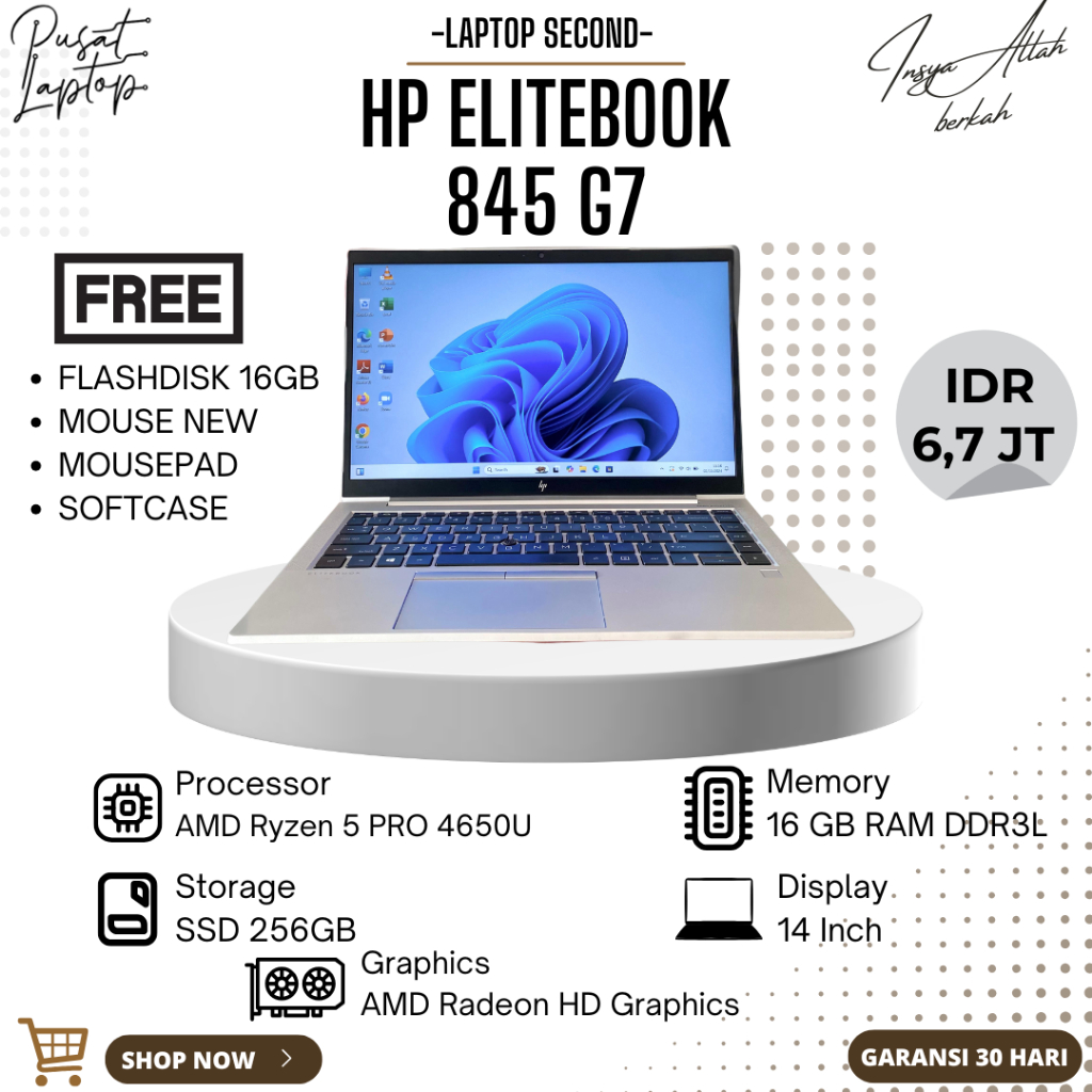 LAPTOP HP ELITEBOOK 845 G7 | AMD RYZEN 5 PRO | RAM 16GB | SSD 256GB | SECOND | BERGARANSI