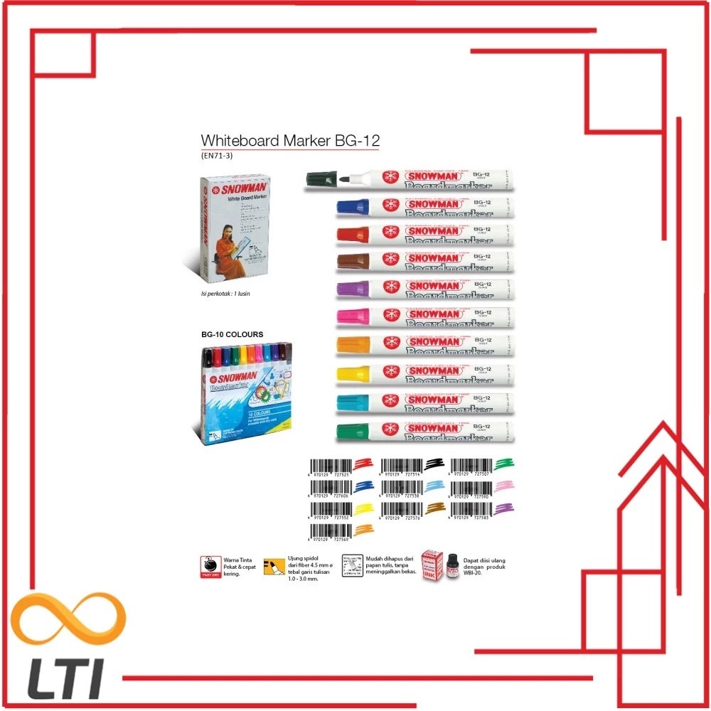 

Snowman Spidol Whiteboard Marker BG-12 / Spidol Snowman Non Permanen Lusin BISA CAMPUR WARNA - MURMER