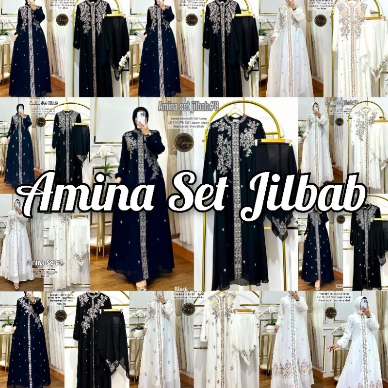 Amina Set Jilbab Gamis Ceruty Babydoll Full Furing Bordir + Jilbab 105x105 Busui Friendly Elegan