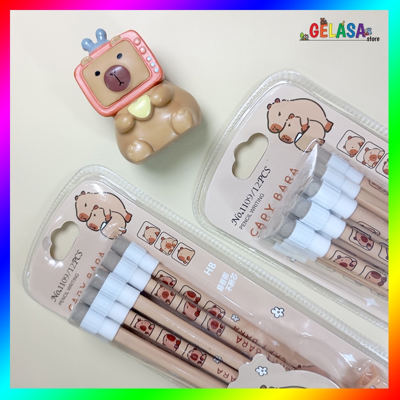 

Gelasa 1 Set 12pcs Pensil HB Serut motif CAPYBARA dengan penghapus dan serutan