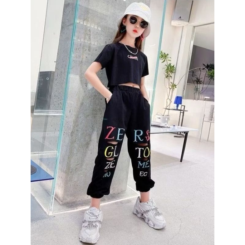JS26 Setelan anak perempuan atasan crop celana joger / baju anak cewek usia tanggung 3-12 tahun