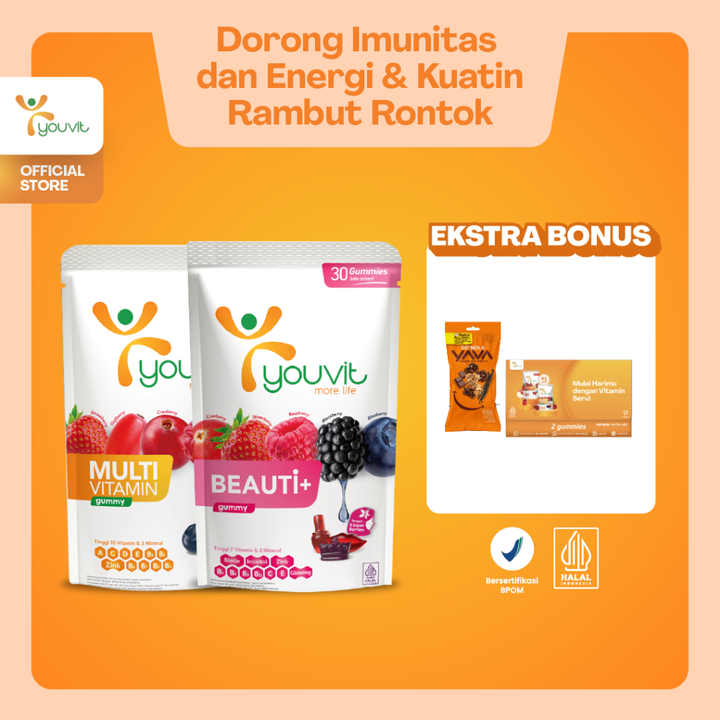 [FREE YAVA GRANOLA] Youvit Beauti+ dan Multivitamin Dewasa 30 Hari untuk Vitamin Rambut Rontok & Jag