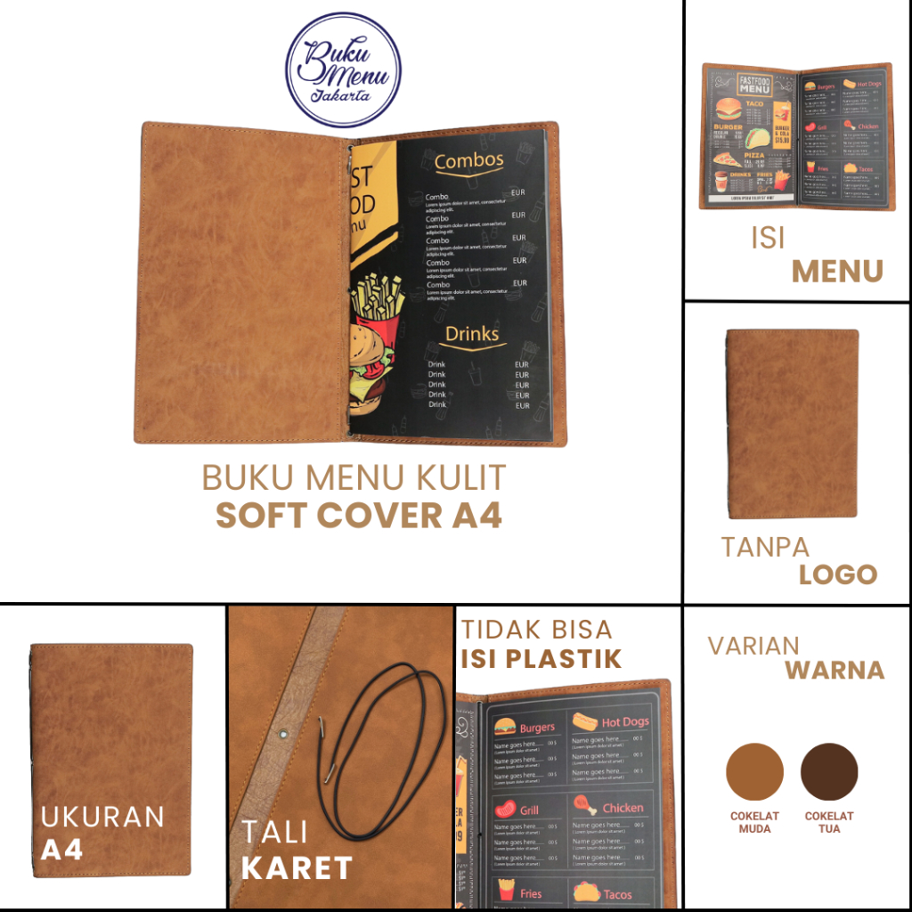 

Buku Menu Jakarta - Buku Menu Kulit Soft Cover Jepit Tali Karet Japanesse Binding Coklat Muda dan