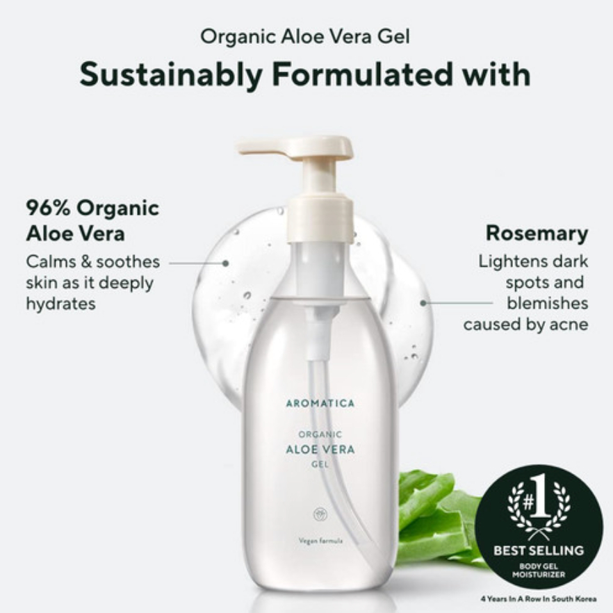 AROMATICA Organic Aloe Vera Gel  Pelembab wajah badan organik  meredakan iritast Vegan 50 ml-300 ml