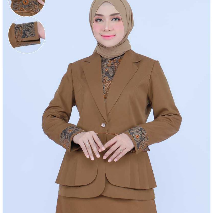 HJ6 Seragam Kerja Dinas Wanita Pemda Rompi Rempel Kombinasi BATIK Khaki tua Setelan Rok SpanRokACela