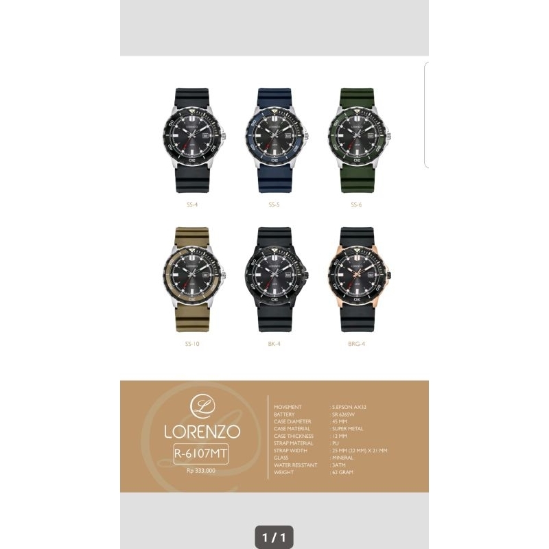 Jam Tangan Pria Lorenzo 6107 Tali Rubber WATERESIST Original