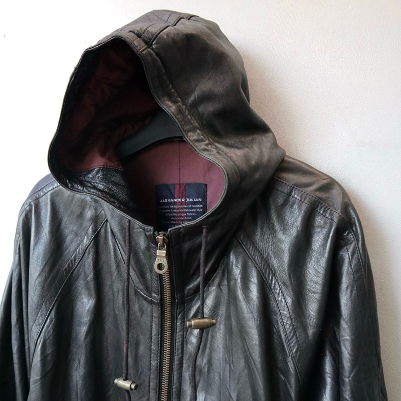Jaket kulit asli XL mafia long parka safari berhoodie hudi topi hoodie leather jacket Pl bekas prelo