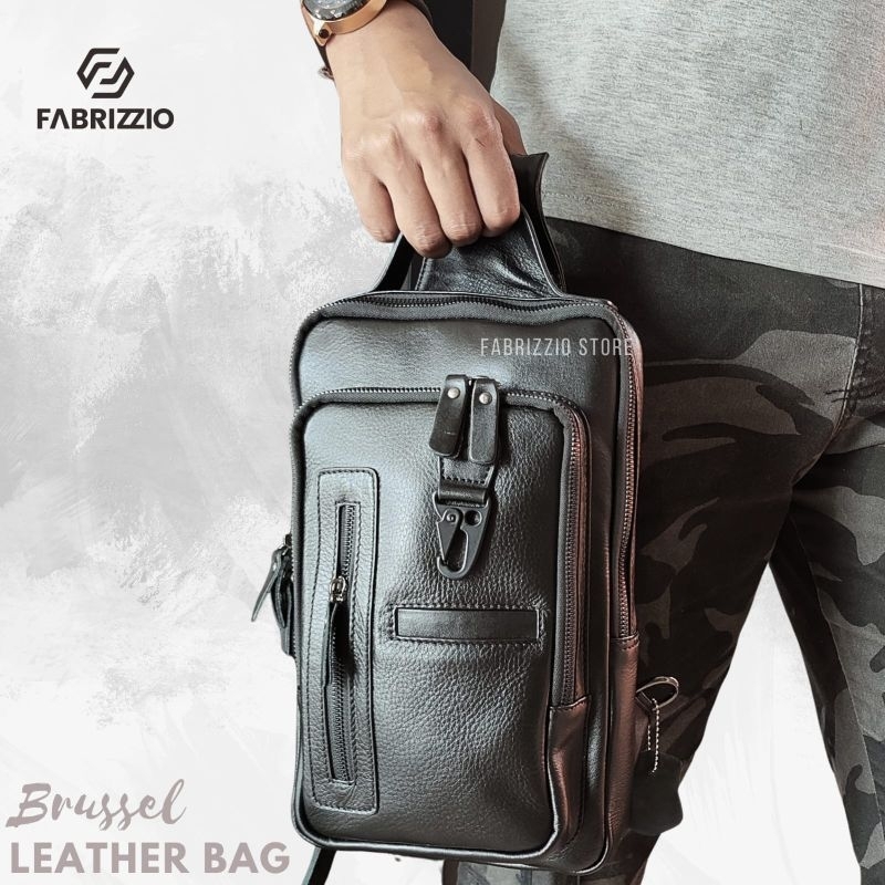tas pria muat tablet 12 inch kulit sapi asli-Brussel