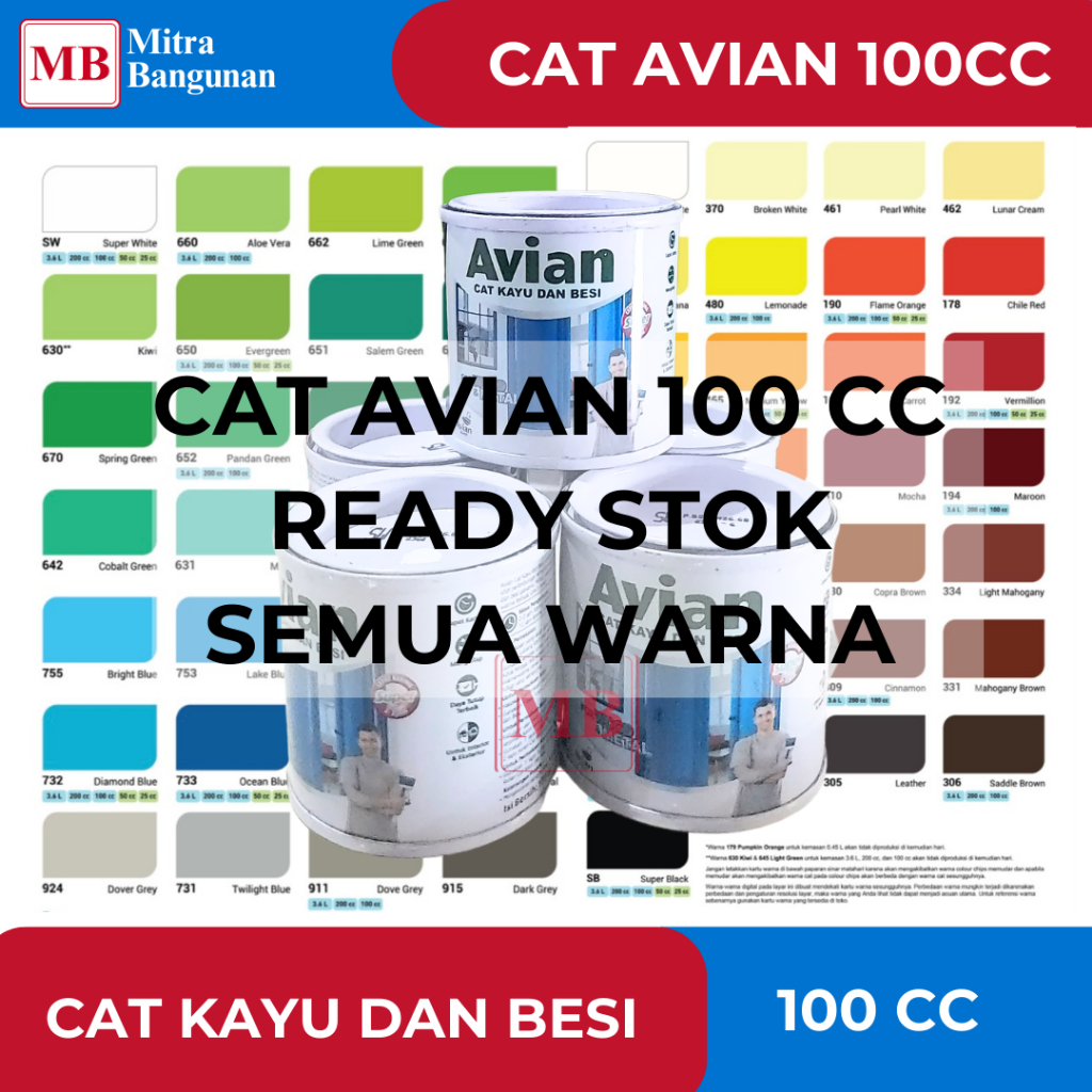 AVIAN CAT KAYU DAN BESI / MINYAK 100CC WARNA PUTIH,MERAH,BIRU,KUNING,OREN,HIJAU,ABU GOJEK, LUAR KOTA