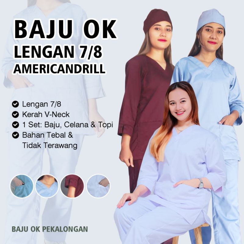 Baju oka Lengan Panjang 7/8  Baju Ok perawat jaga scrub Petugas Medis