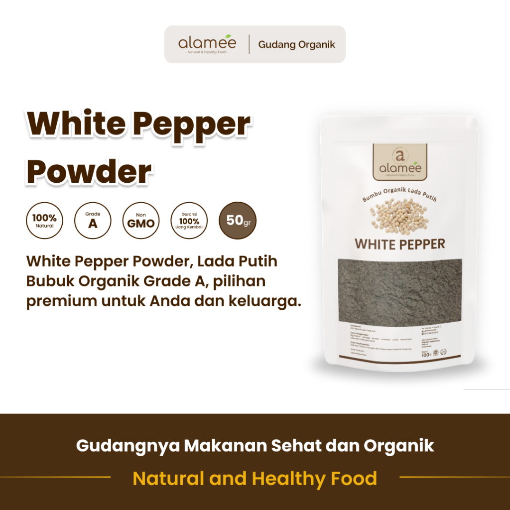 

alamee bumbu organik lada putih 50 gram menawarkan rasa pedas yang halus dan aroma aromatik alami