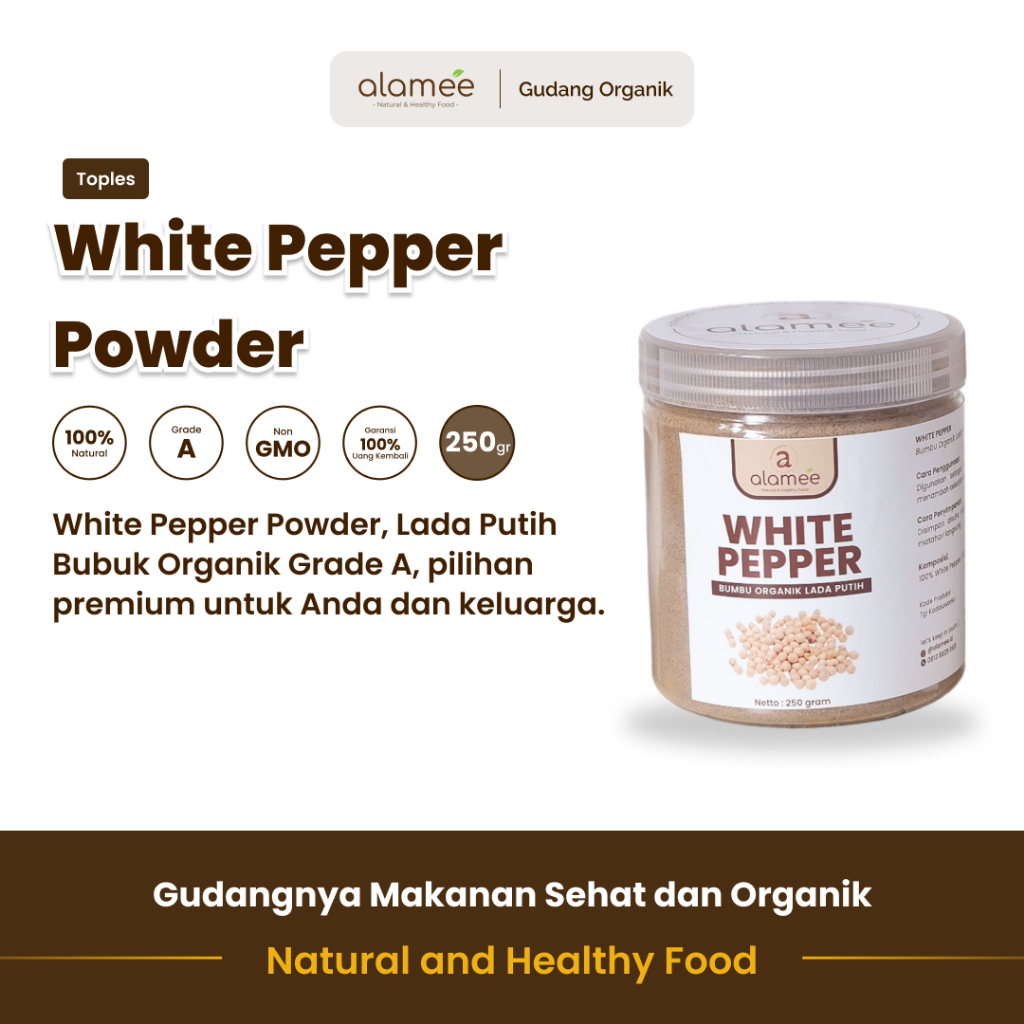 

alamee bumbu organik lada putih toples membawa rasa lembut dan aroma segar dari petani lokal