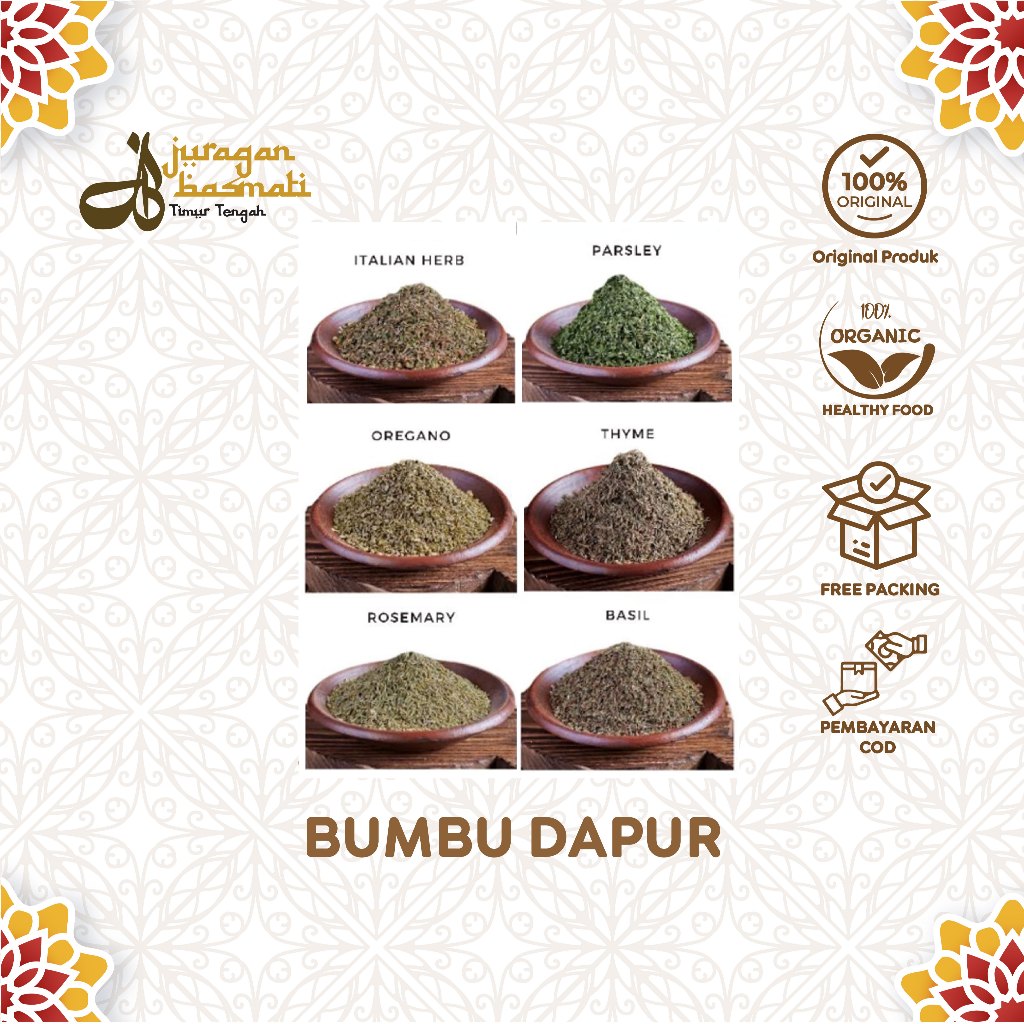 

Bumbu Dapur Oregano Basil Parsley Rosemary Daun Kering 25gr