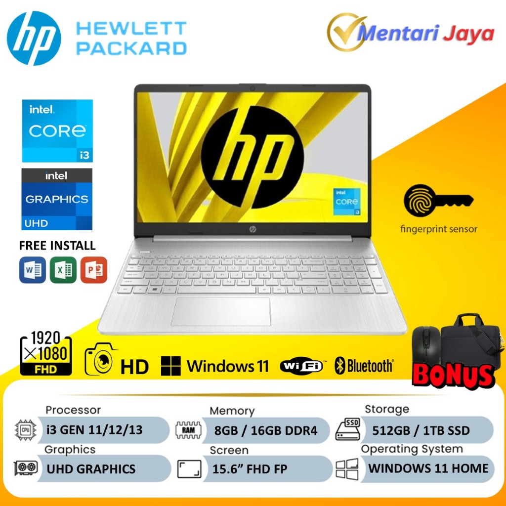 Laptop HP core i3 RAM 16GB 1TB SSD 15 Full HD Win11 Baru Silver