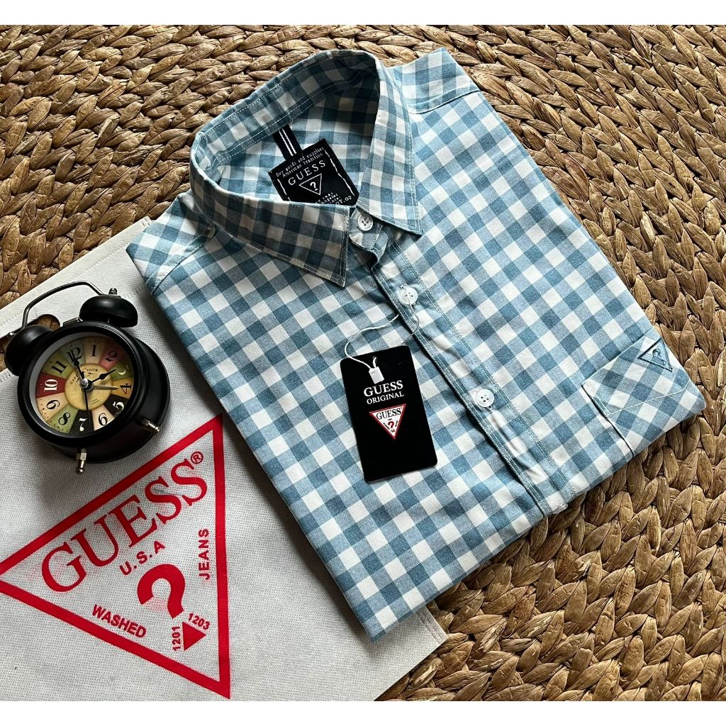 Kemeja GUESS Original Import Quality Pria Lengan Pendek  Kemeja Motif Kotak Kotak Terbaru Pria  Keme