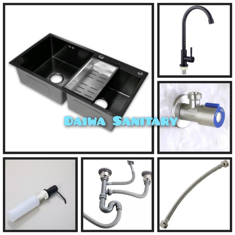 peket lengkap bak cuci piring stainless hitam INOBE 8245 kran pipa/kitchen sink hitam 2 lubang INOBE