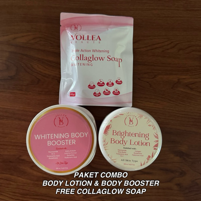 PAKET VOLLEABEAUTE/VB BRIGHTENING BODY LOTION & WHITENING BODY BOOSTER+FREE COLLAGLOW SOAP