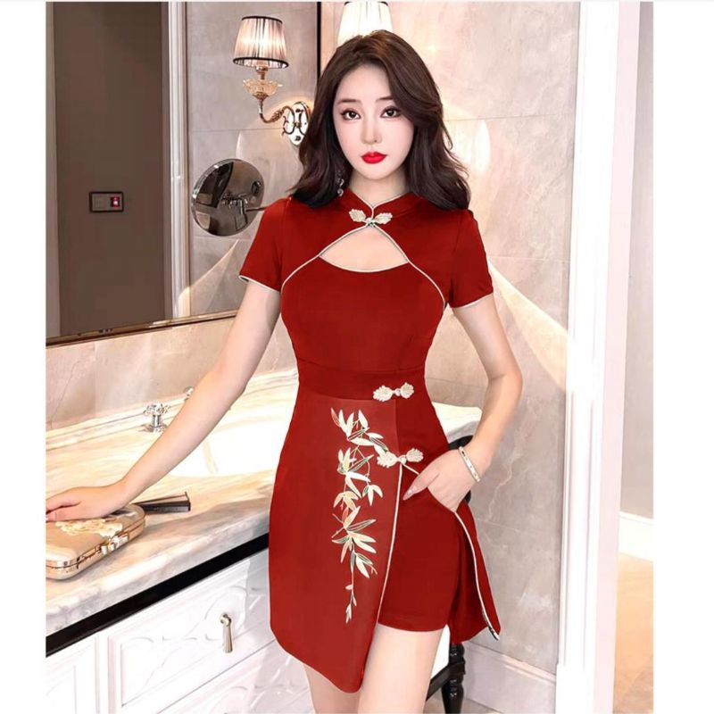0590 YULIA CHEONGSAM 2PCS MINI DRESS SET celana pendek hotpant Imlek cny Chinese New Year wanita pre