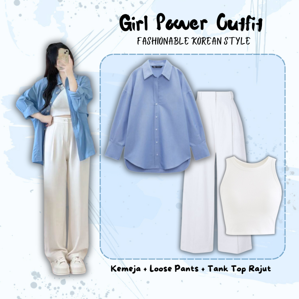 Elegant Outfit Korean Style Wanita Terbaru - Kemeja Linen Polos + Loose Pants Crinkle Putih
