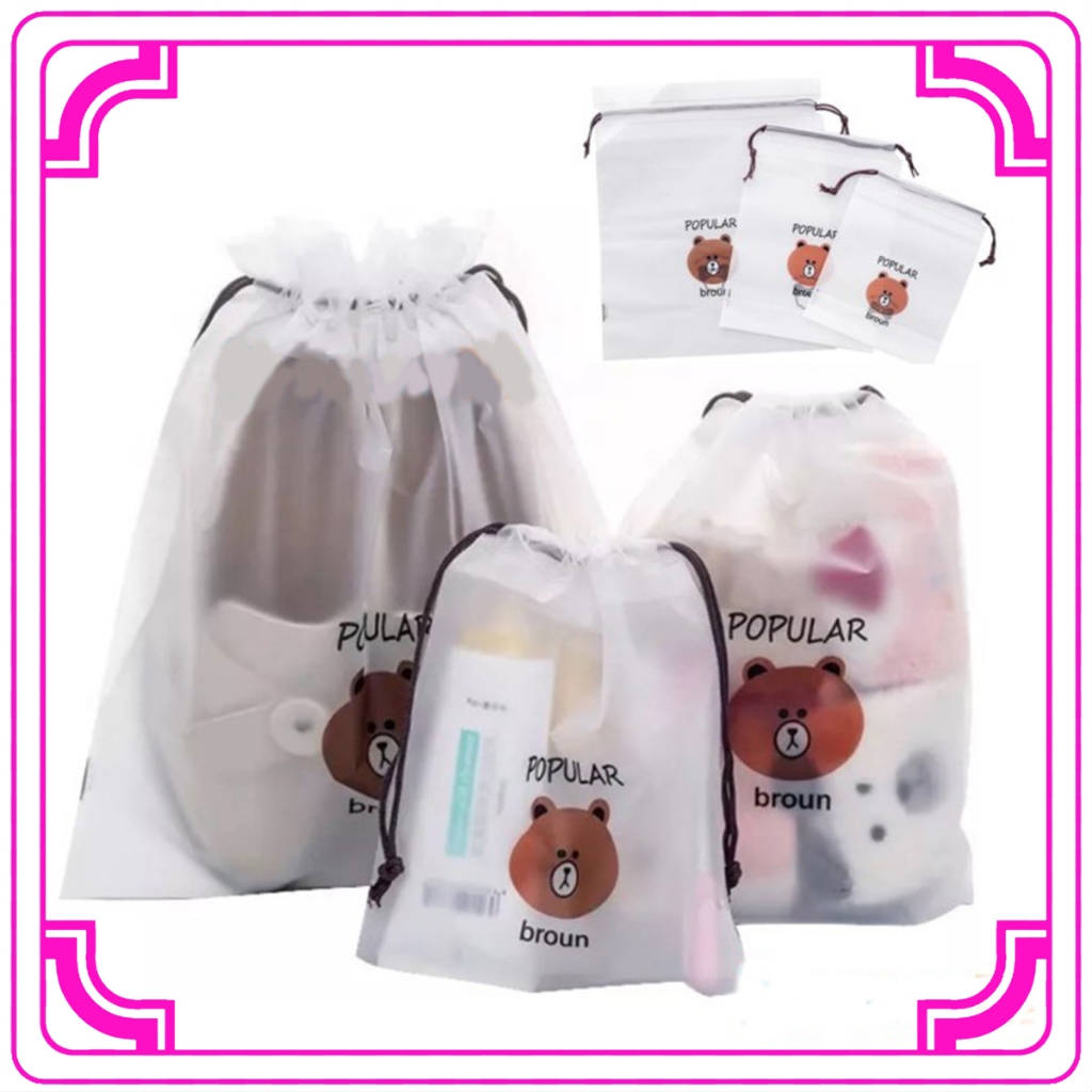 HB Travel Pouch Organizer Motif Beruang Tas Serut Kosmetik Anti Air Kantong Make Up Serbaguna Tas Ko