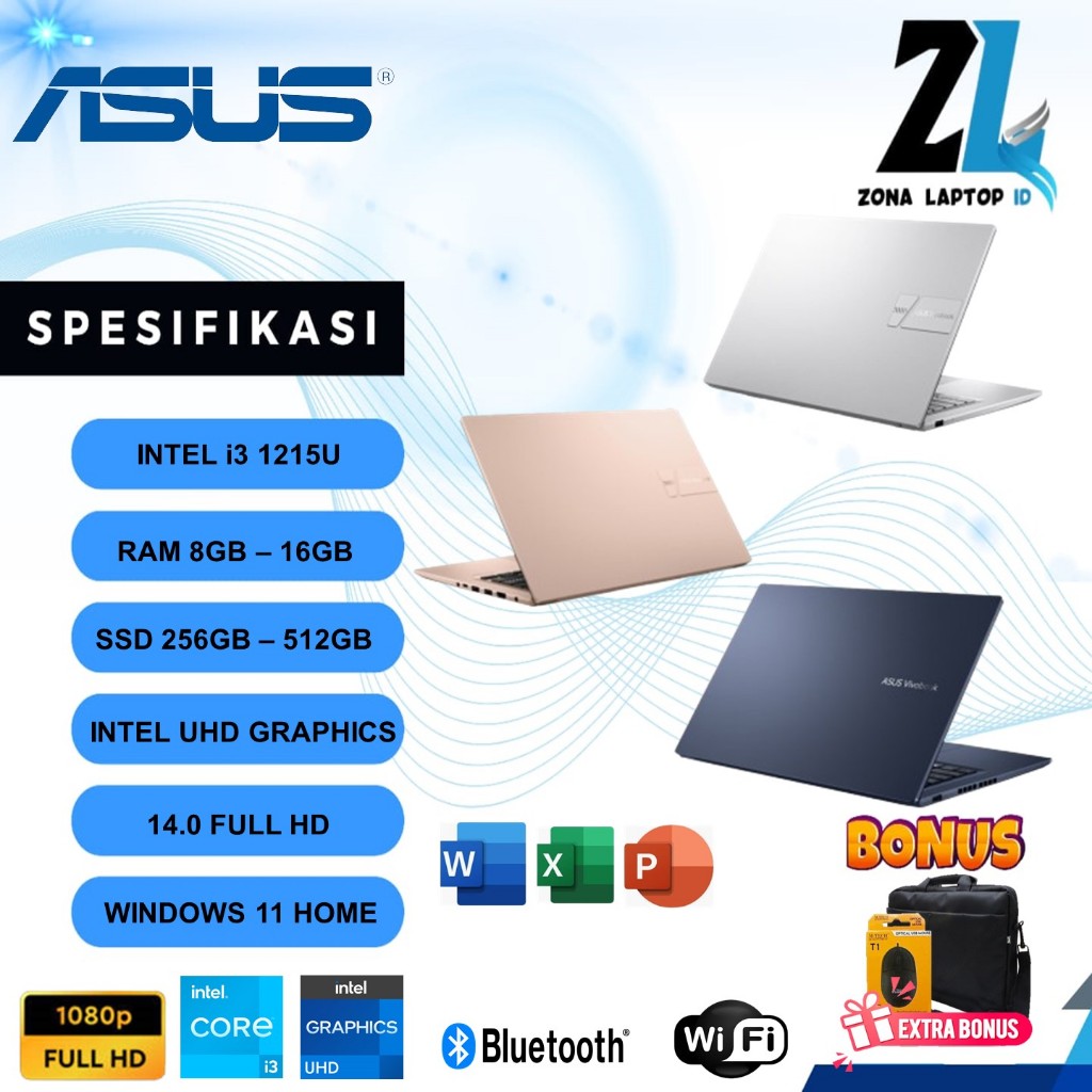 Laptop Asus Vivobook 14 Core i3 Ram 16GB SSD 512GB 14.0 Fhd Windows 11 Terbaru