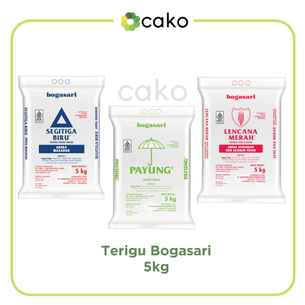 

Tepung Terigu Bogasari EKONOMIS 5kg / Segitiga Biru / Payung / Lencana Merah