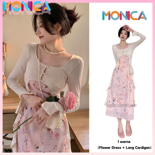 Monica    Dress Vintage Flower Dress + Long Cardigan Suit Dress  -Baju Batik Wanita-Maxi Dress
