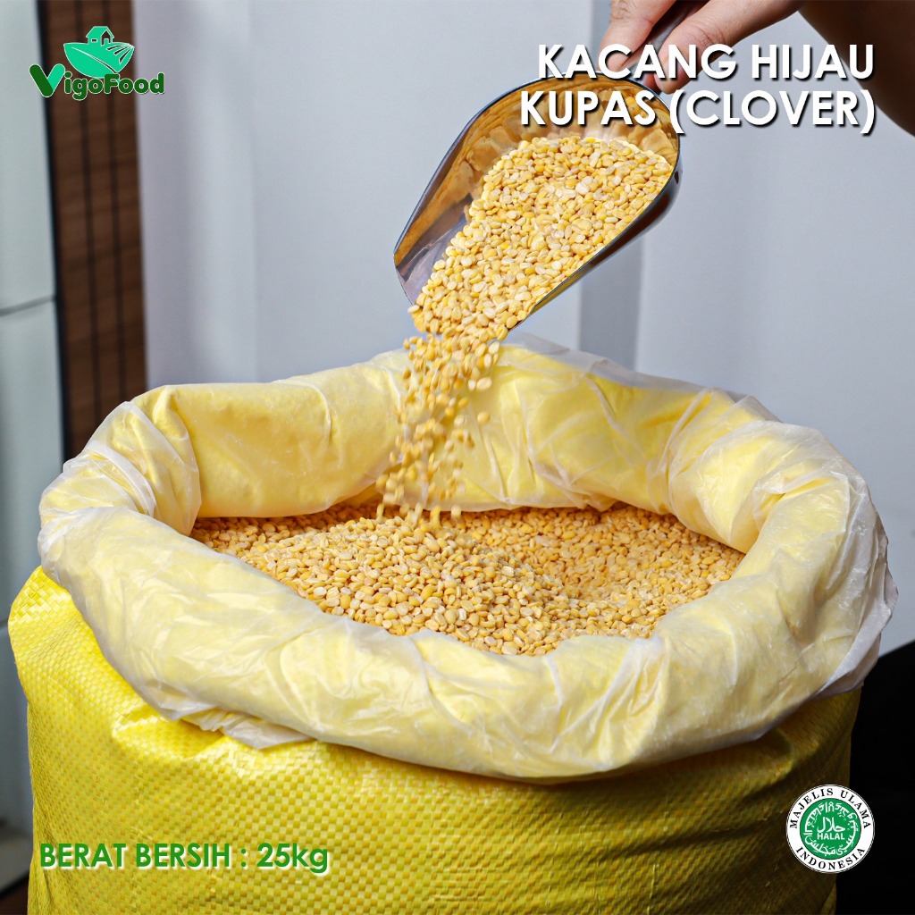 

KACANG HIJAU KUPAS (CLOVER) GRADE IMPORT BY VIGOFOOD / PEELED GREEN BEAN / PEELED GREEN BEANS KEMASAN 1 SAK KARUNG 25KG