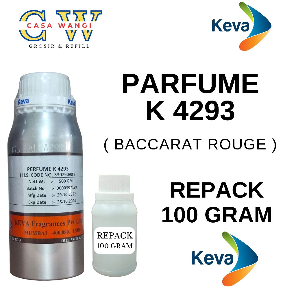 (REPACK 100 GR) PARFUME K 4293 BY KEVA KEMASAN REPACK 100 GRAM SEARAH BACCARAT.BIBIT PARFUM MURNI 10