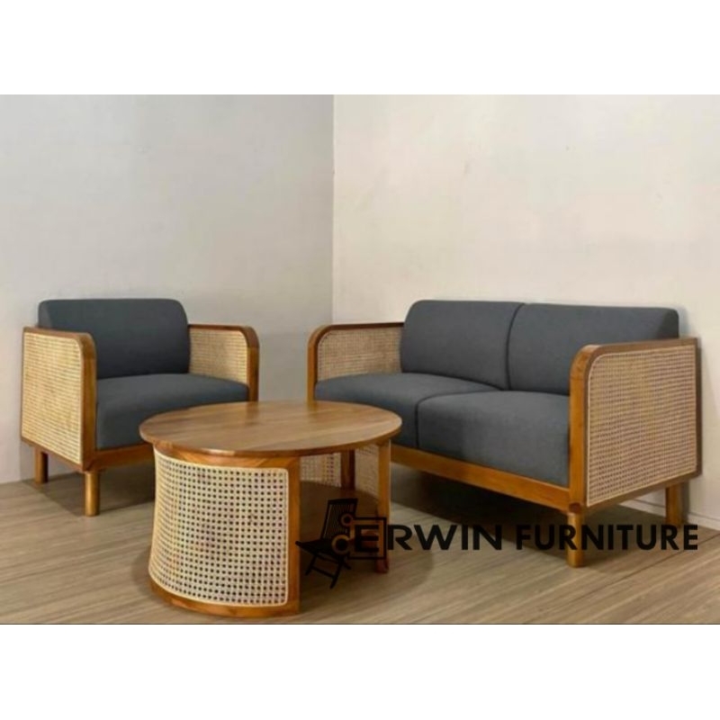 promo kursi tamu kombinasi rotan alami- kursi tamu sofa minimalis- meja tamu terlaris- set meja tamu