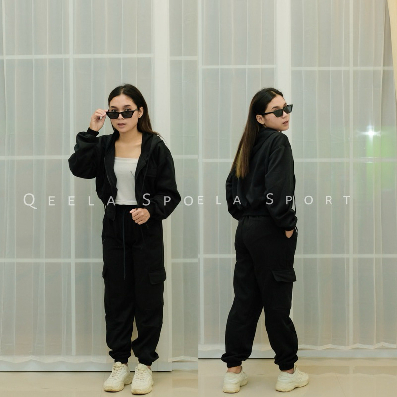 Setelan Crop One Set Wanita Hoodie Zipper X Jogger Cargo Sweatpants Oneset Ootd Korean Style Viral